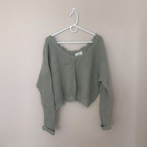Jessica Simpson Green Distressed Collar & Hemline Cropped Sweater | Size Medium